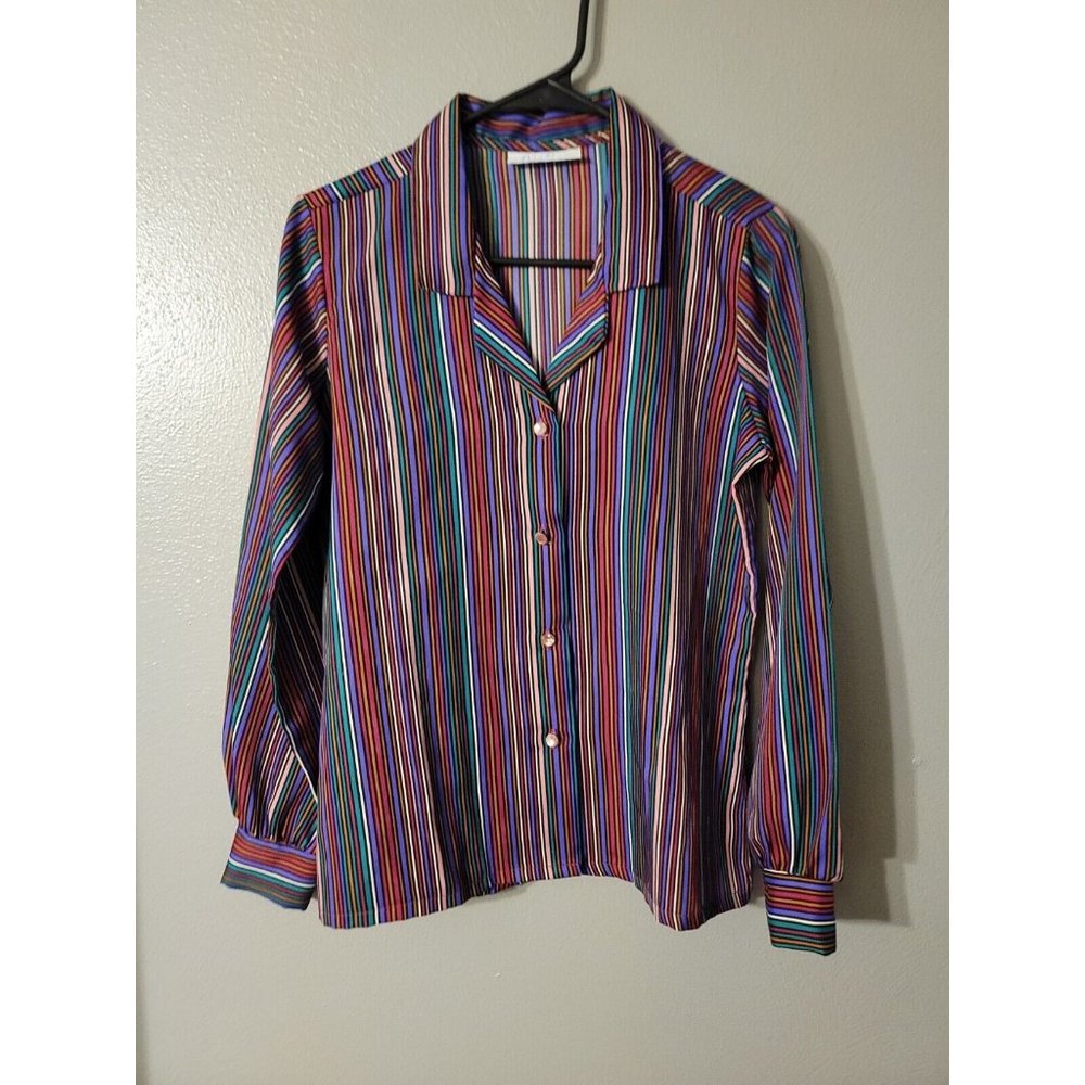 Lady Holiday Striped Vintage Vibrant Satin Button Up Long Sleeve Blouse READ
